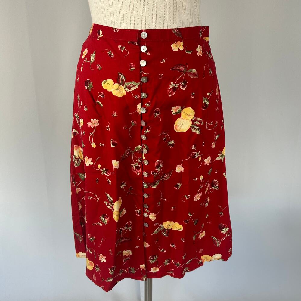Vintage Skirt Size Large Red Ditsy Floral Strawberry Button Feminine 90s Y2K